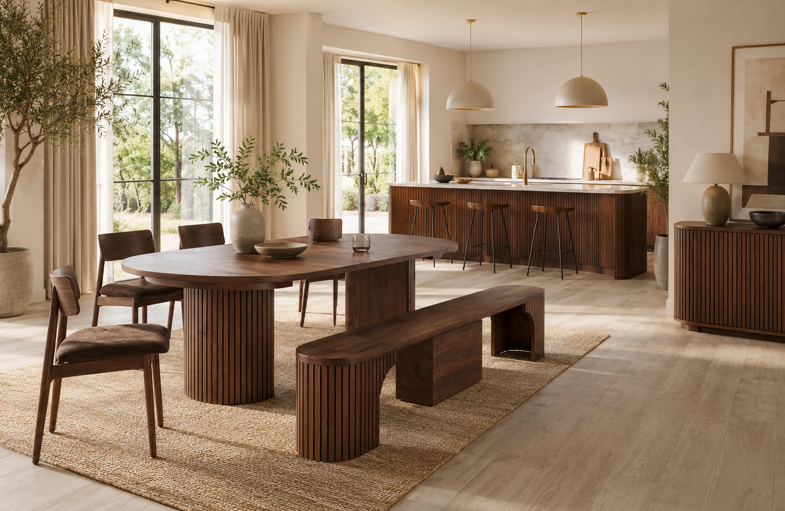 Cuisine et salle à manger minimaliste chaleureuse : inspiration salle à manger