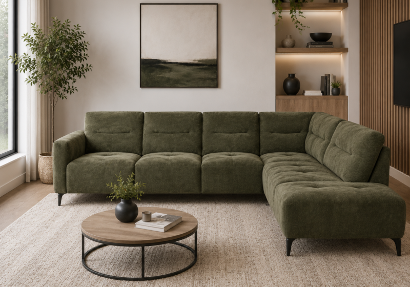 Salon moderne et épuré avec canapé vert : inspiration salon