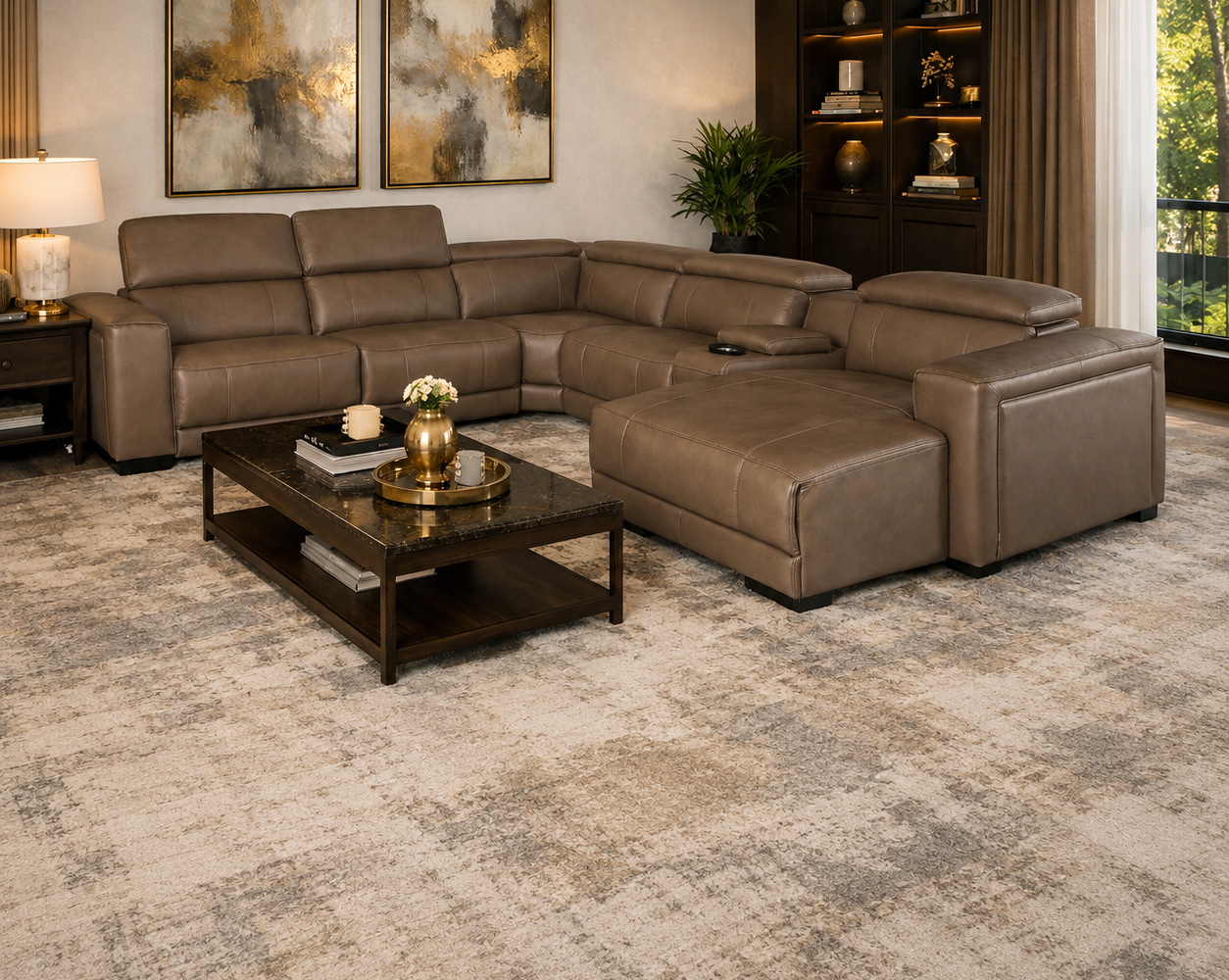 Salon moderne et chaleureux avec cuir : inspiration salon