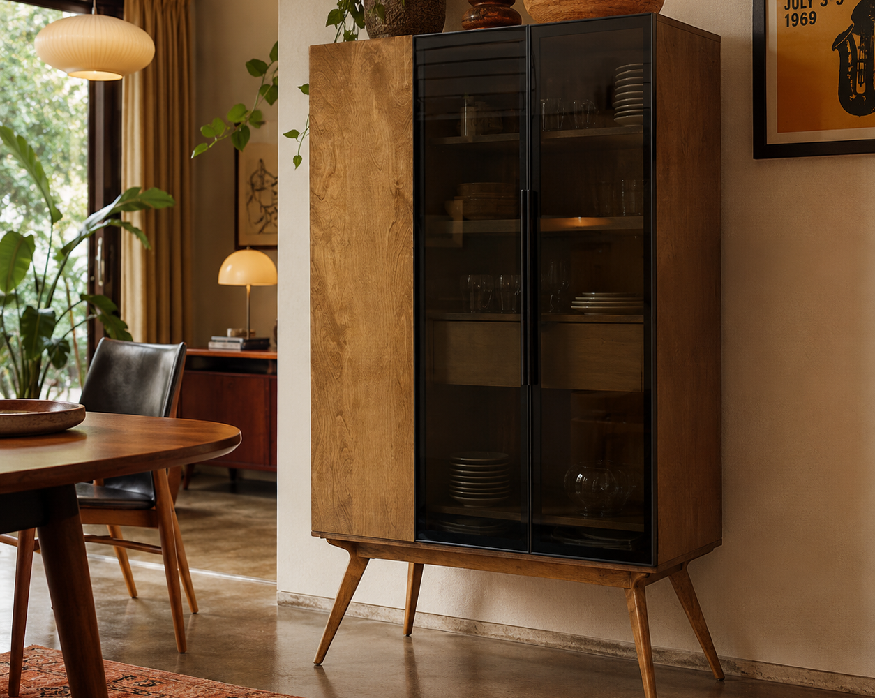 Coin salon rétro avec cabinet en bois : inspiration salon