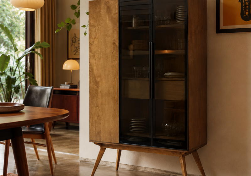 Coin salon rétro avec cabinet en bois : inspiration salon