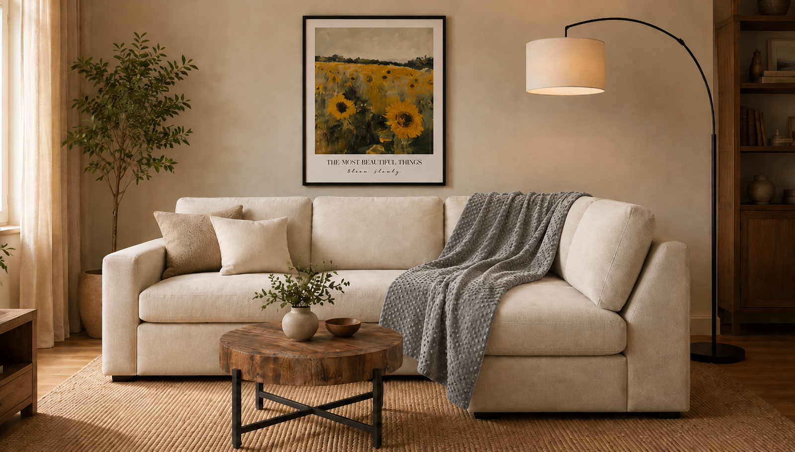Salon chaleureux et lumineux avec plantes : inspiration salon