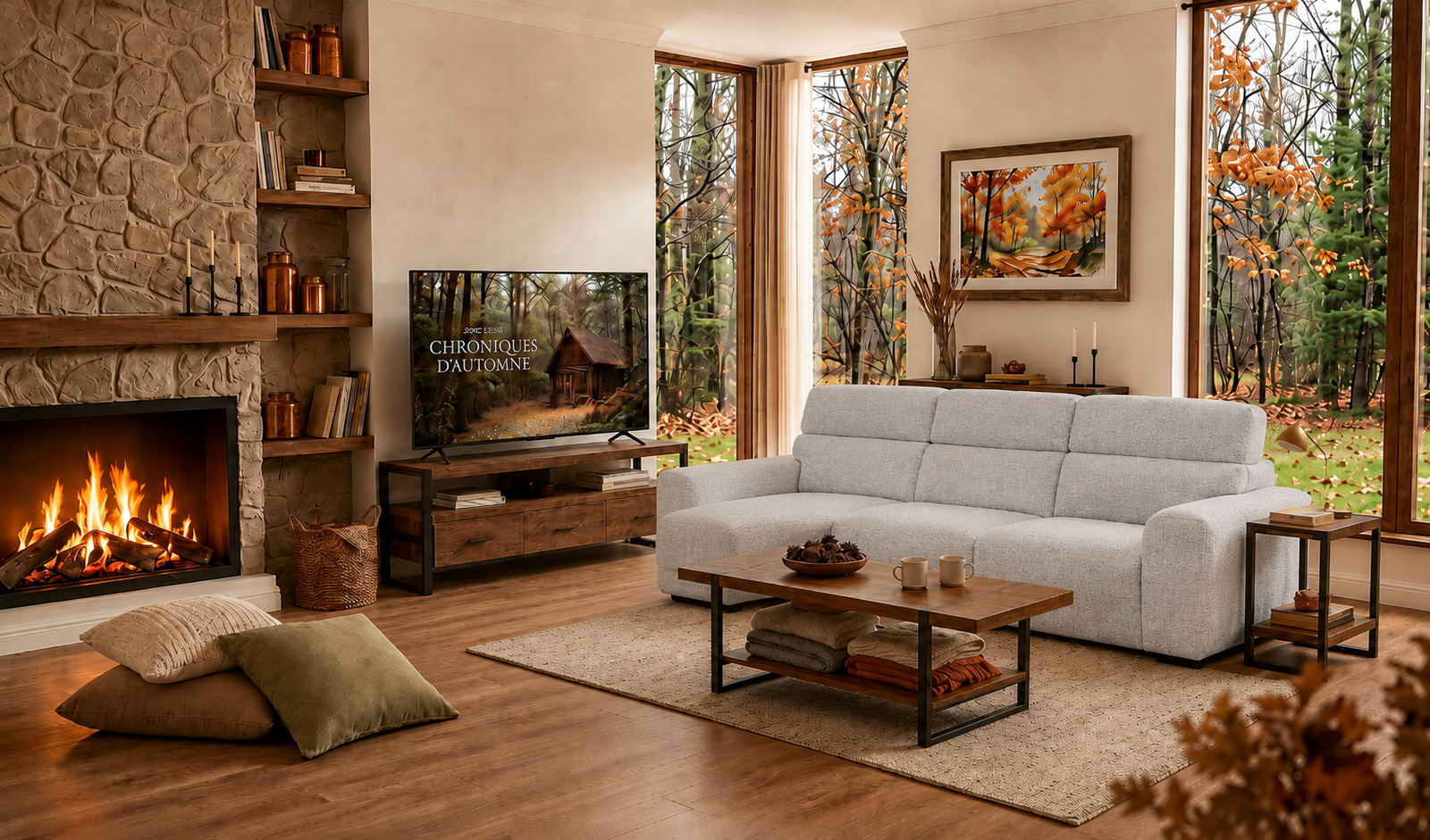 Salon chaleureux d'automne avec cheminée : inspiration salon
