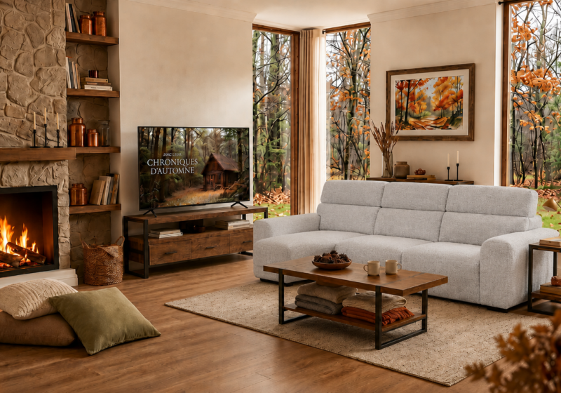 Salon chaleureux d'automne avec cheminée : inspiration salon