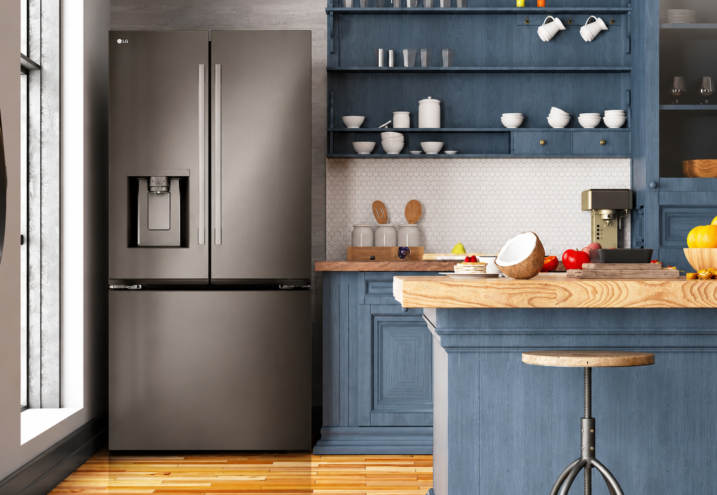 Cuisine bleue moderne avec réfrigérateur en acier inoxydable : inspiration cuisine