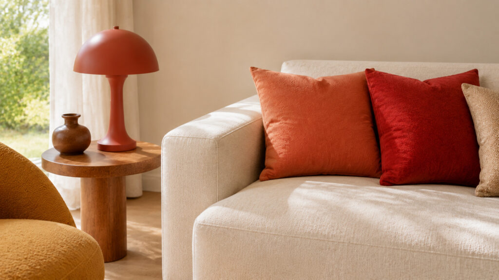 Corail, rouge tomate et ocre : réveiller un décor neutre : mobilier, lumière et couleurs