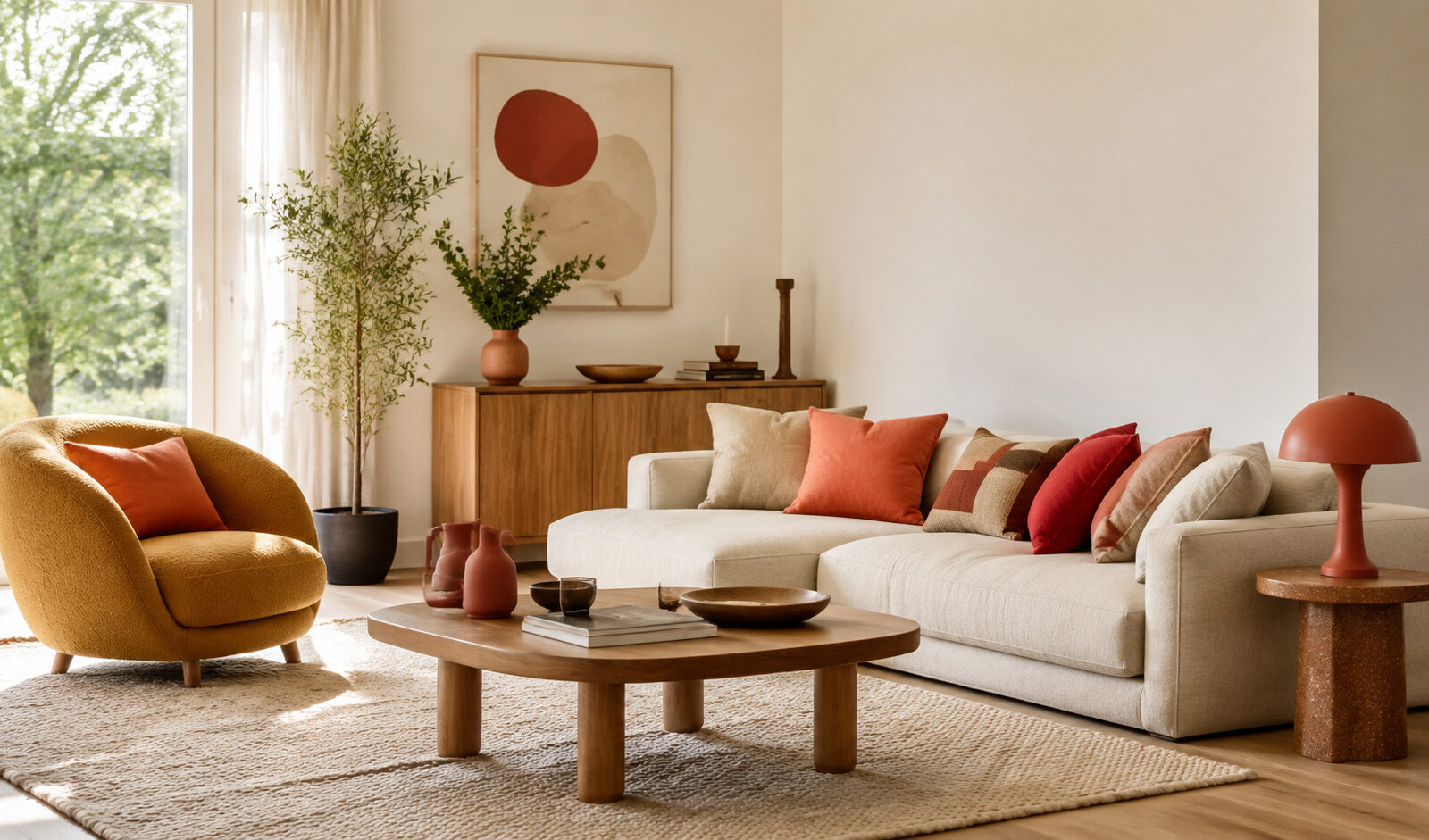 Corail, rouge tomate et ocre : réveiller un décor neutre, inspiration salon