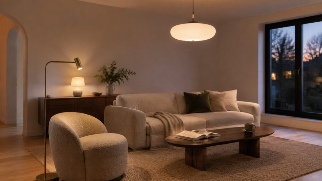 Superposer les sources de lumière dans un décor contemporain : mobilier, lumière et couleurs